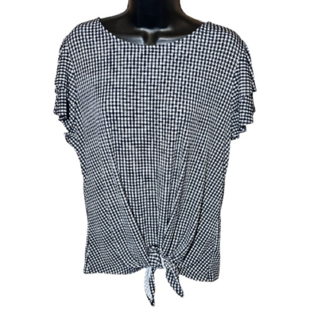 Adrianna Papell Women's Blue & White Gingham Tie-Front Ruffle Short Sleeve Top